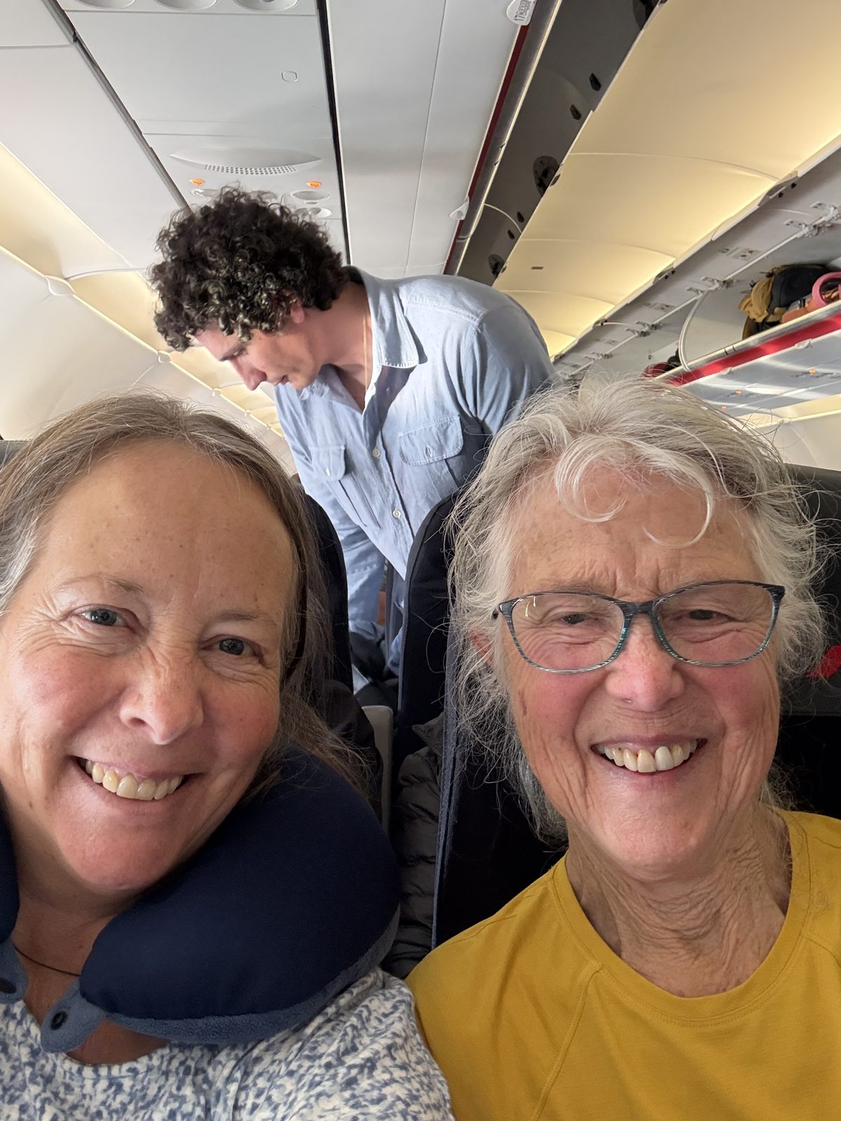 Liz and a fellow traveler on the flight to Bordeaux.