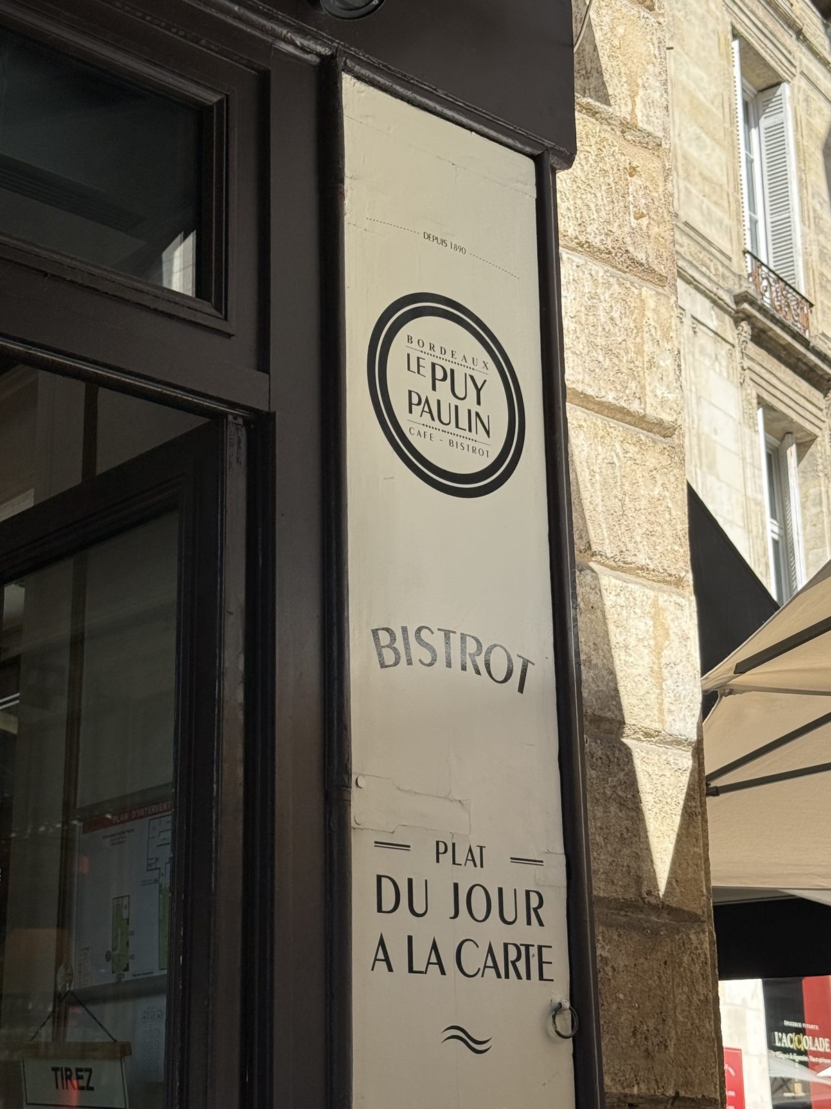 Le Puy Paulin, a historic bistrot "depuis 1890" on a quiet street corner — a lunch spot Liz and Beth discovered.